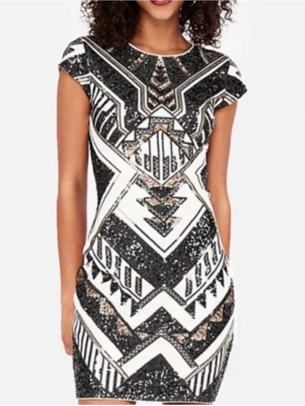 Express Black, White & Gold Sequined Mini Dress
